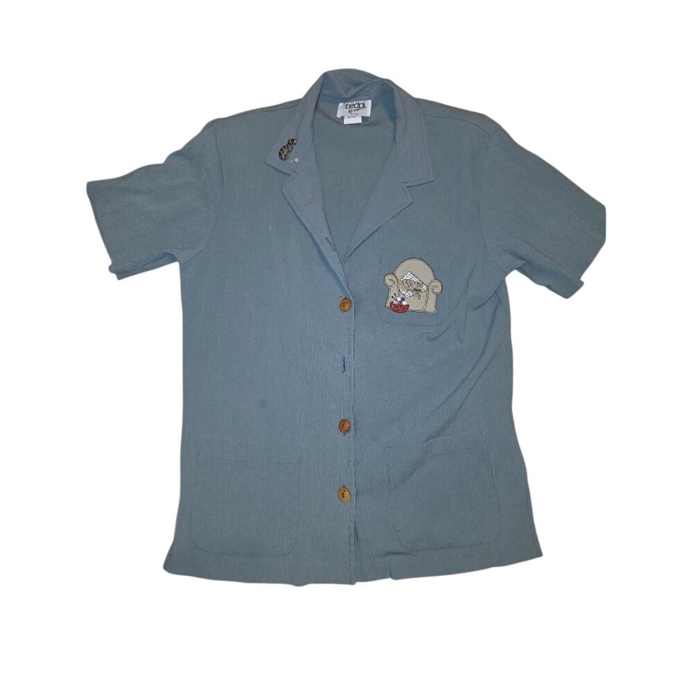 Vtg Kitty Cat Embroidered Button Down Shirt Womens Size PS Teddi Boho Read